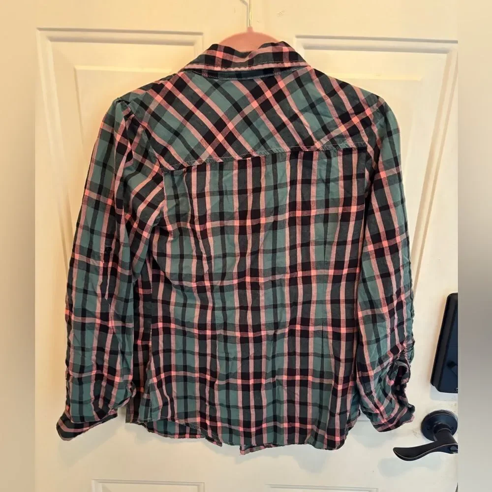 Anthropologie Love, Fire Teal and Pink Plaid Shirt